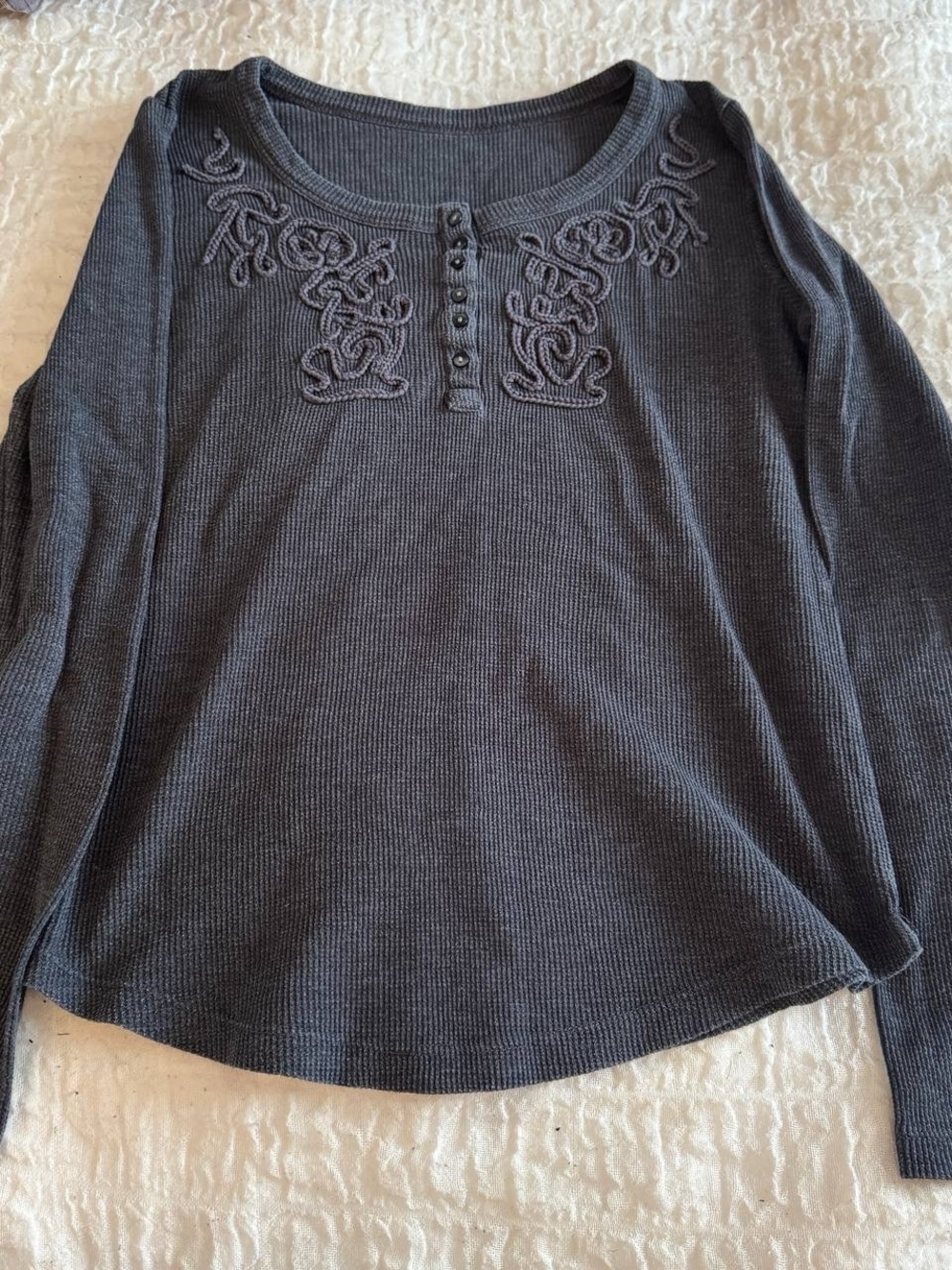 Women's Embroidered Henley Long-Sleeve Top - Slate Gray